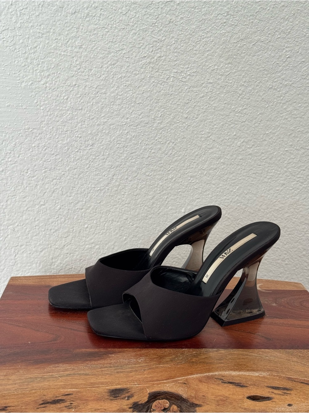 Zara Black Open-Toe Mule Heels with Sculpted Clear Block Heel